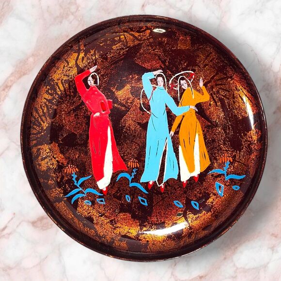 Vintage Lacquerware Trinket Tray Hand Painted Dancing Women 1974 Boho Decor - Picture 1 of 6